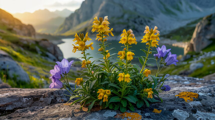 Obraz premium A close-up nature photograph of yellow monkey flowers (Mimulus) growing on a gray rocky surface in mountainous terrain.