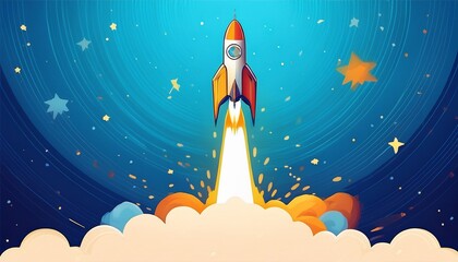 rocket launching into space with a trail of stars bright blue background