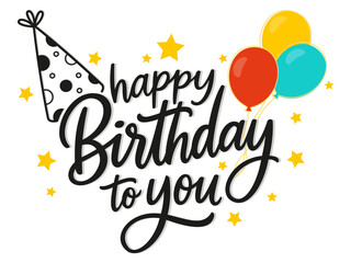 Happy birthday celebration concept. Birthday greeting lettering with hand drawn elements. Vector decorative invitation card. Black handwritten inscription and golden balloons celebrating anniversary.