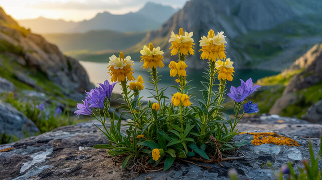 A close-up nature photograph of yellow monkey flowers (Mimulus) growing on a gray rocky surface in mountainous terrain.