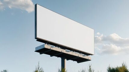 Large empty rectangular billboard on metal pole against blue sky with clouds for outdoor advertising