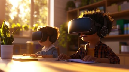 Two children wea virtual reality headsets explo interactive digital environments in a cozy home setting du daytime