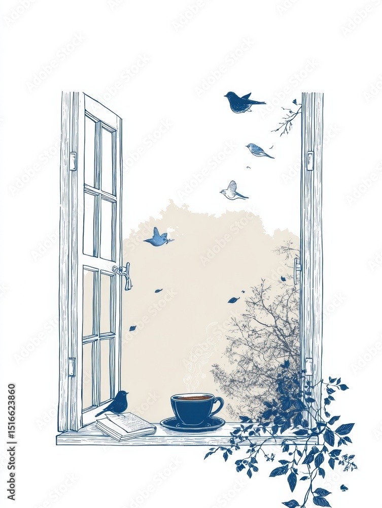 Poster morning tranquility at an open window with birdsong and tea awaiting to start the day
