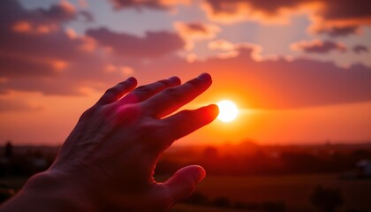 a moment of reflection at sunset. a human hand reaches towards the radiant sun, symbolizing connection to nature's cycle