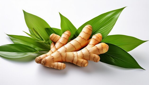 fresh fingerroot chinese ginger with its long slender stalks and green leaves on a clean minimalist white background