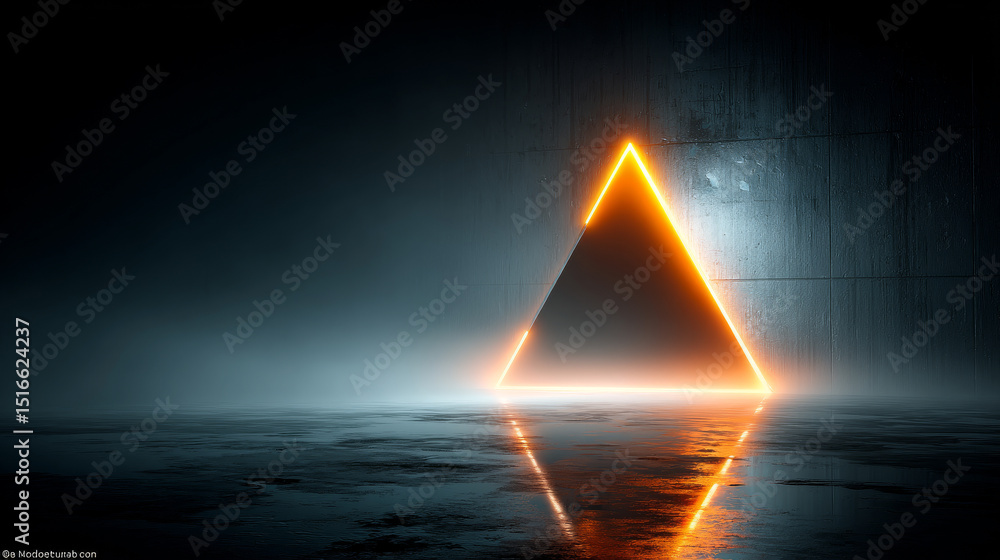 Poster neon dots and lines in triangular tunnel on black background. realistic 3d vector illustration of ab