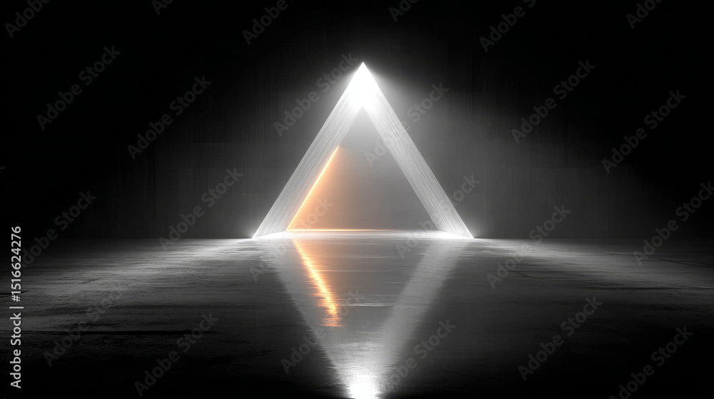 Poster neon dots and lines in triangular tunnel on black background. realistic 3d vector illustration of ab