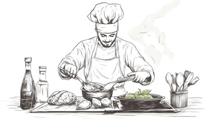 Professional Cook With Poster Outline Vector Illustration