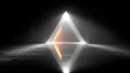Neon dots and lines in triangular tunnel on black background. Realistic 3d vector illustration of abstract light shine textured triangle fade into perspective distance for futuristic and dj design.