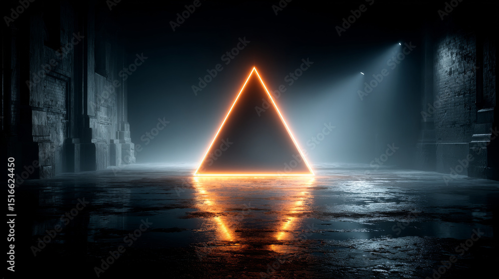 Poster neon dots and lines in triangular tunnel on black background. realistic 3d vector illustration of ab