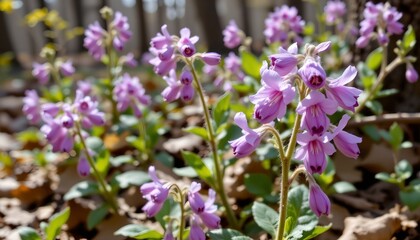 a vibrant garden scene featuring purple flowers in full bloom, set against a blurred background that suggests a natural outdoor setting