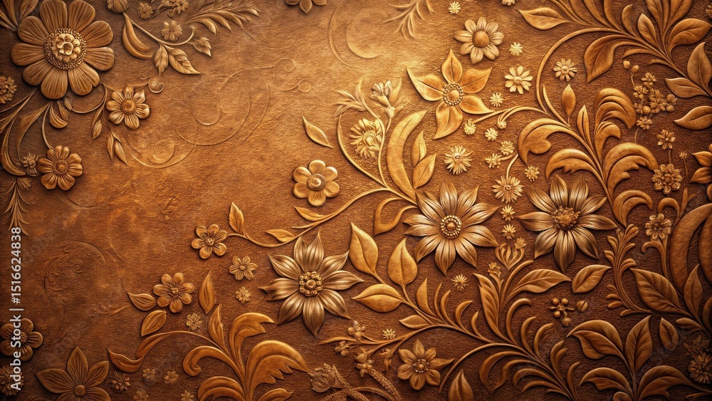 Poster intricate golden floral embossed design, luxurious textured background with detailed carving and ele