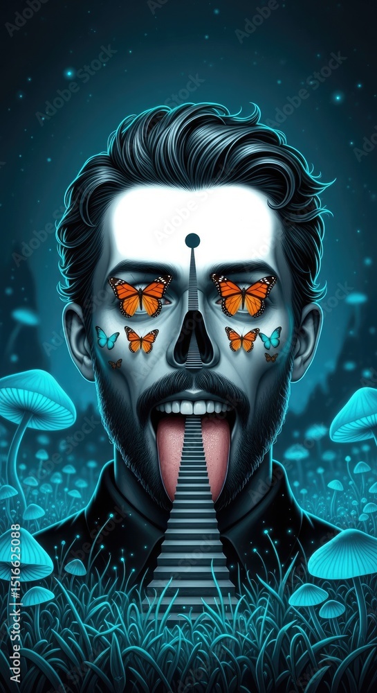 Poster surreal pixelated portrait of a man with butterflies replacing eyes and a staircase for a tongue set