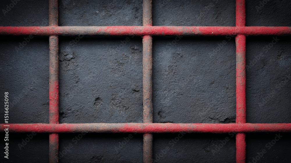 Poster closeup of textured black metal surface with bold red lines creating an industrial grid pattern with