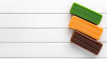 Obraz premium Three Colorful Striped Soap Bars on White Wood