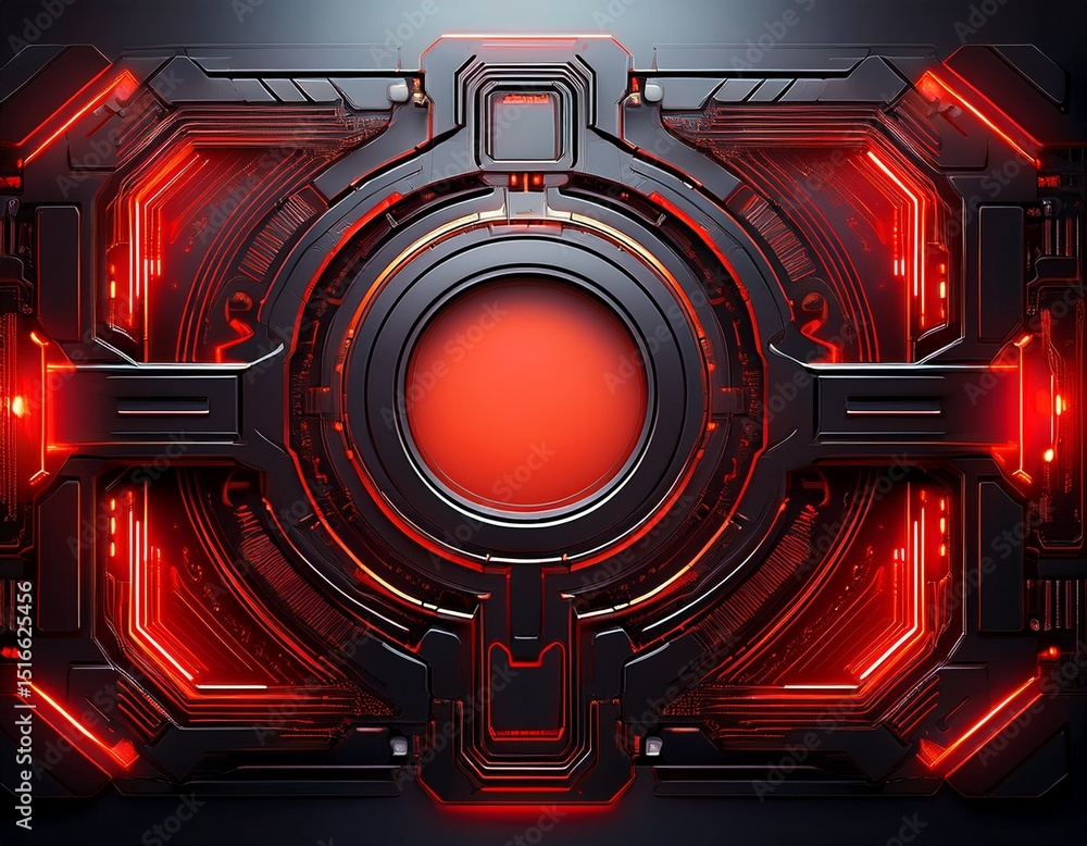 Poster tech dark tech panel with glowing red circuit details framing a central space