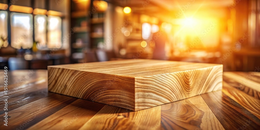 Aufkleber Warm Sunlight Illuminates a Rustic Wooden Display Block on a Table in a Cozy Cafe Setting