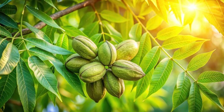 Sunlit Pecan Tree Branch with Cluster of Immature Nuts Hanging Amongst Vibrant Green Foliage