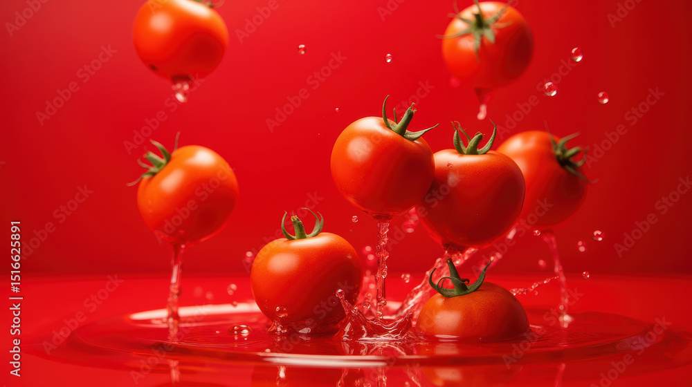 Poster fresh red tomatoes splashing in water against vibrant red background create lively and dynamic scene