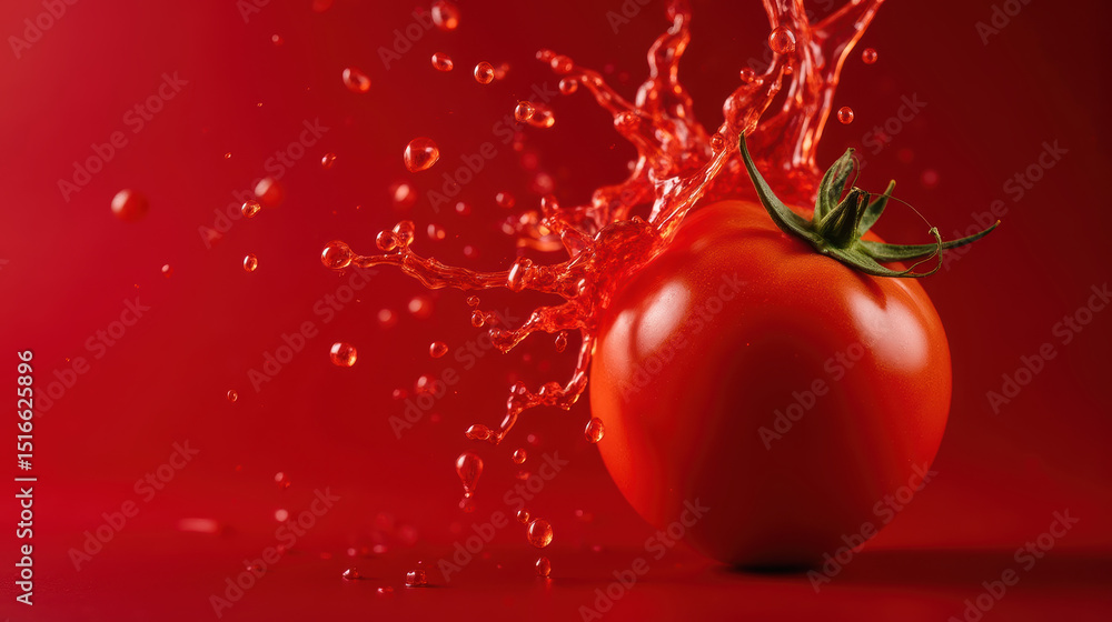 Poster fresh tomato splashing in vibrant red liquid, showcasing its juicy texture and vibrant color, creati