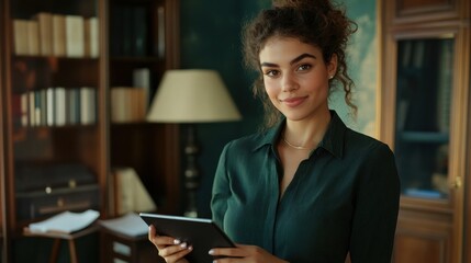 Woman confidently using tablet in a library.