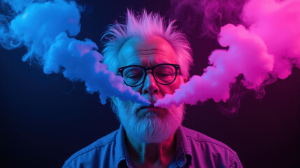 Creative portrait of elderly man exhaling colorful smoke, showcasing blend of blue and pink hues. vibrant colors and dramatic lighting create