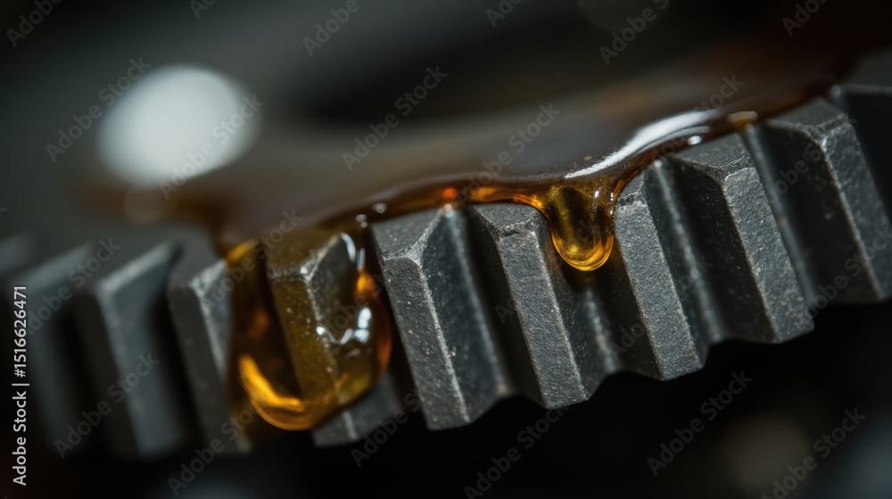 Poster close up of metallic gear with oil dripping from its edge, showcasing intricate details and textures