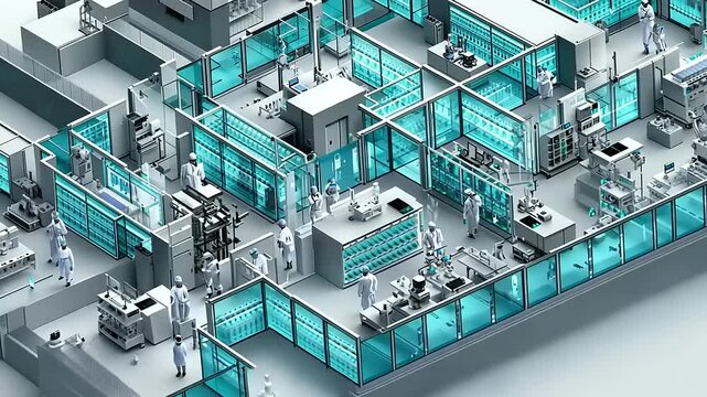 Isometric Illustration of Pharmaceutical Laboratory Facility with Researchers