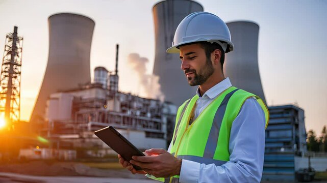 Engineer in safety gear checks tablet near nuclear power plant at sunset. Industrial setting, cooling towers and pipelines in background. Concept of energy infrastructure, safety, and modern tech.