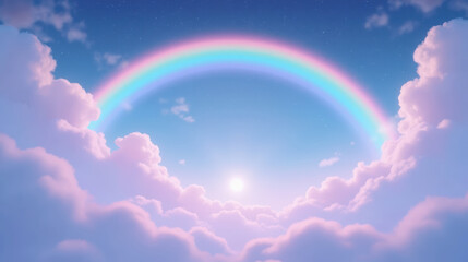 Vibrant rainbow arcs gracefully over fluffy clouds, illuminated by soft sun in serene sky, evoking sense of wonder and tranquility