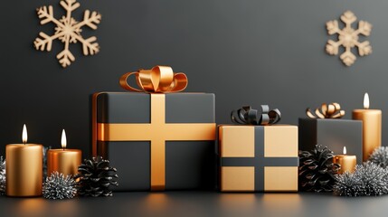 Elegant Christmas Gifts with Candles and Snowflakes on Black Background