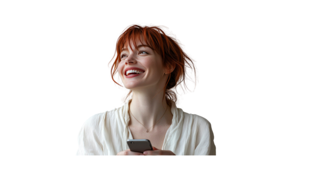 Joyful Redhead Woman Using Smartphone, Looking Upwards with a Bright Smile