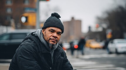 Portrait of a weathered homeless man with worn clothing sitting on urban sidewalk, solemn expression in a bustling city scene with copy space