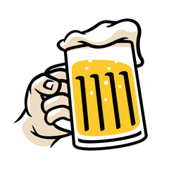 Hand with beer mug. Line art beer glass vector illustration