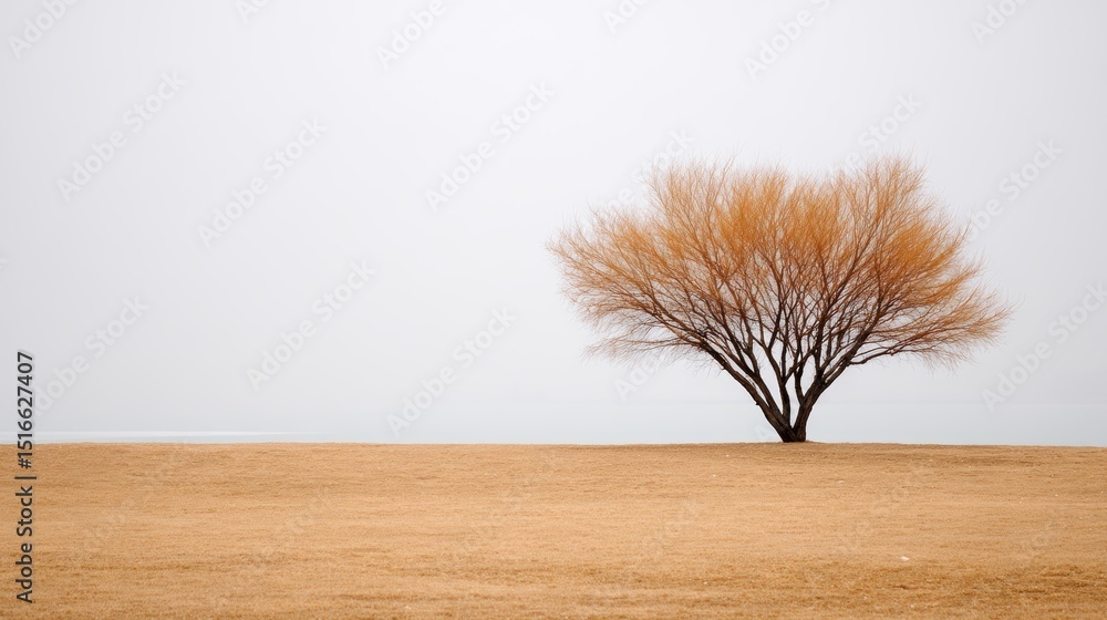 Poster solitary tree with dramatic curved branches in open landscape under soft sky with copy space for des