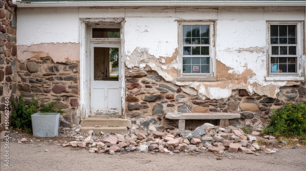 Poster neglected stone building facade with peeling paint and broken windows showing decay and weathering w