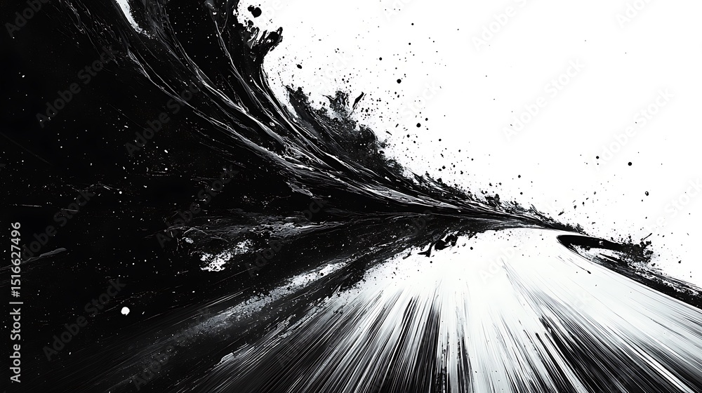 Poster monochromatic abstract flowing design with splatters and streaks of expression