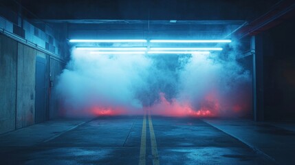 Neonlit smoky garage scene.