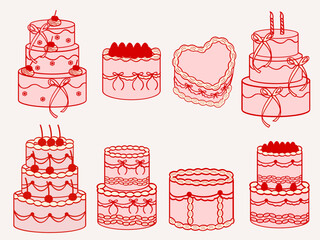 Hand drawn vintage cake illustrations set. Birthday cakes, wedding cakes, heart-shaped. Vector flat doodle design for Valentines day, wedding invitation, birthday card.