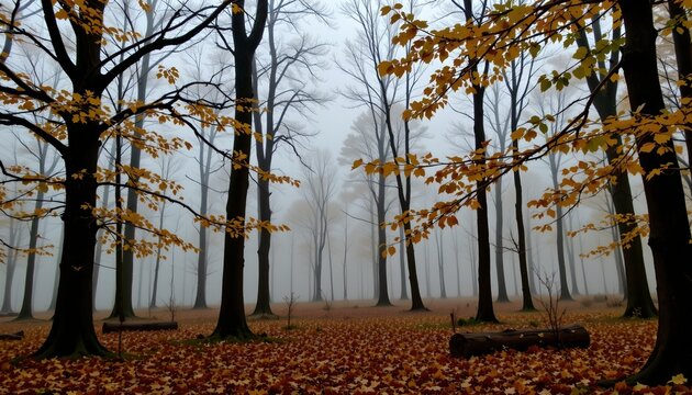 a misty forest with leafless trees in autumn. the ground is carpeted with fallen leaves, creating a warm contrast against the cool mist. the overcast sky adds to the moody atmosphere - Powered by Adobe