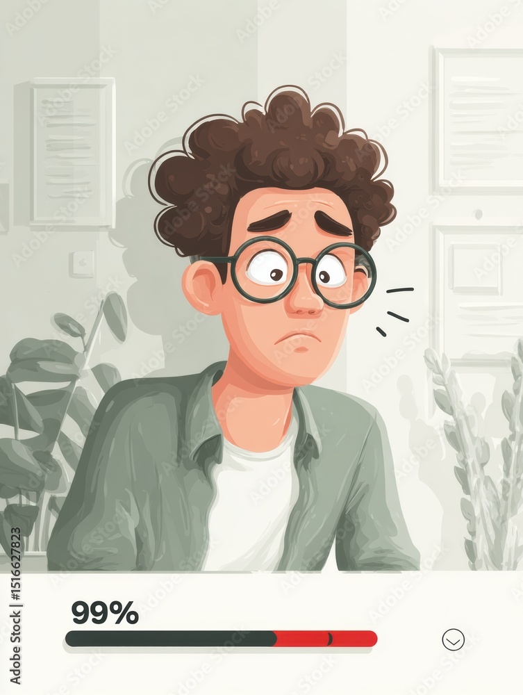 Poster loading bar stuck at ninety-nine percent evokes feelings of anxiety in a fictional character