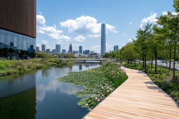 Tranquil Urban Waterway with Wooden Boardwalk and City Skyline