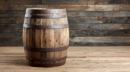 Fototapeta premium Vintage wooden barrel on distressed wood background with copy space in rustic style