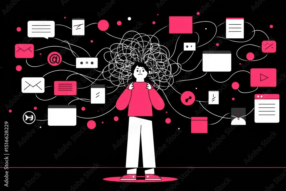 Poster person struggles with overwhelming notifications and messages while feeling trapped in a digital cha