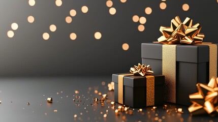 Elegant Black Gift Boxes with Gold Bows and Bokeh Background