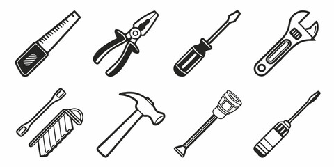 Naklejka premium icon, tool, vector, set, hammer, illustration, tools, equipment, symbol, icons, scissors, saw, screwdriver, silhouette, repair, collection, construction, wrench, work, screw, pliers, design, knife, bl