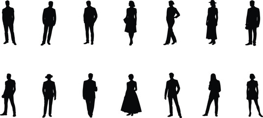 Silhouette vector collection of standing people, men and women in casual and formal clothing, for design, posters, web, presentations