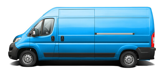Side view of a modern light blue long-wheelbase cargo minibus. Isolated on a transparent background, in PNG format.
