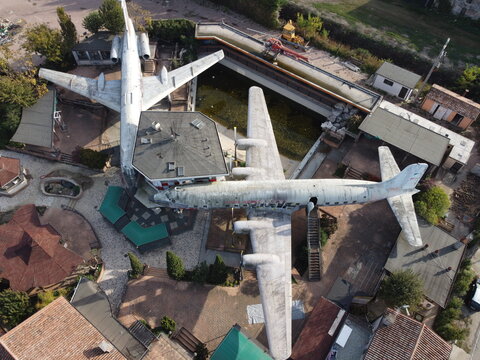 Villamarzana, Rovigo, Italy, October 2022. Drone view of the abandoned Michelangelo DaVinci restaurant in Villamarzana, Rovigo, uniquely built inside a DC-6 and a Tupolev TU-134, closed in 2014