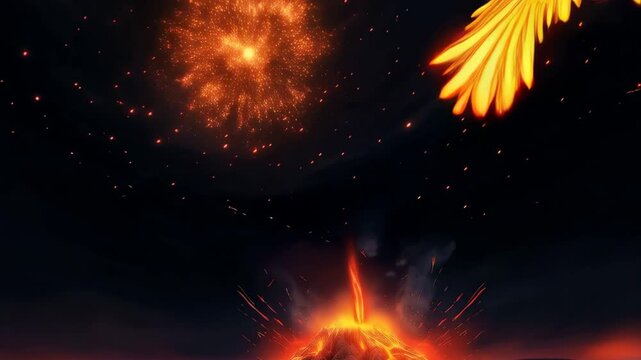 Majestic Phoenix Rising from Fiery Volcano in Dark Background